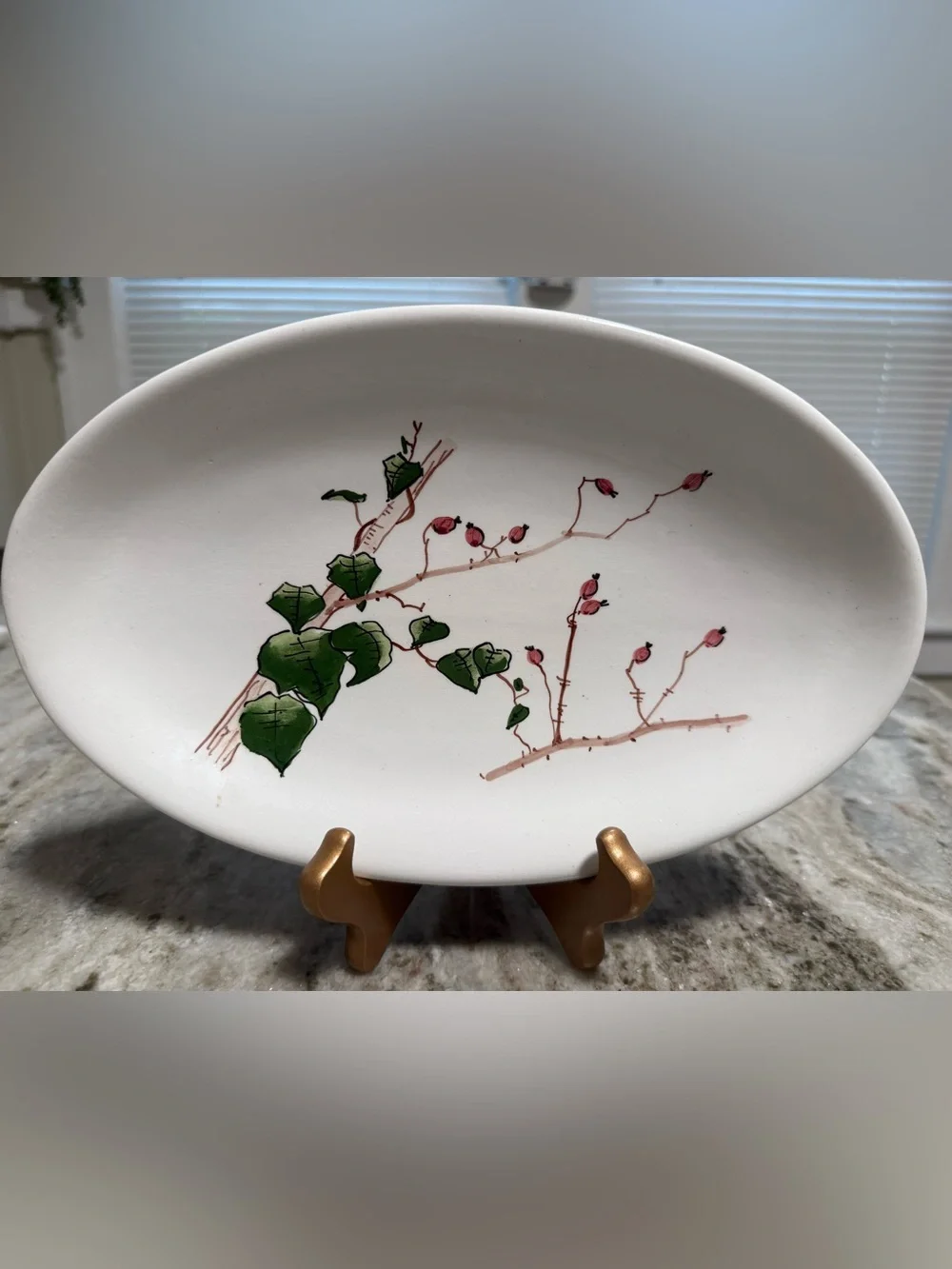 Signed Hand-Painted Ceramic Oval Platter Botanical Design
